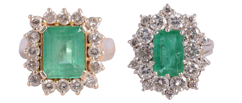 Emerald and diamond cluster rings