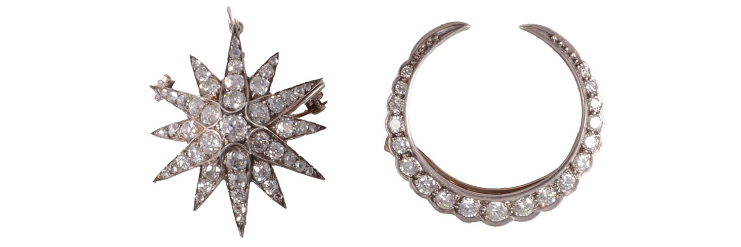 Twelve-ray star brooch and a diamond crescent brooch