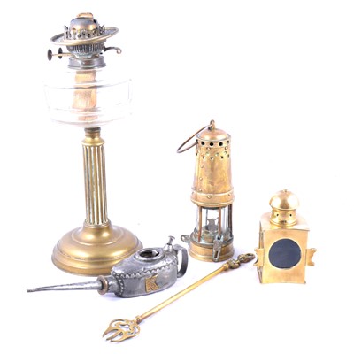 Lot 140 - Old brass miner's lamp; brass railway lamp; and similar items