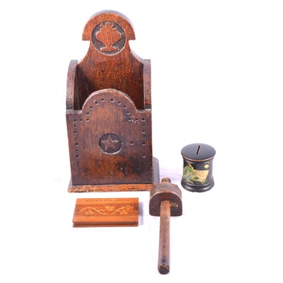 Lot 128 - Carved oak candle box and other treen items.