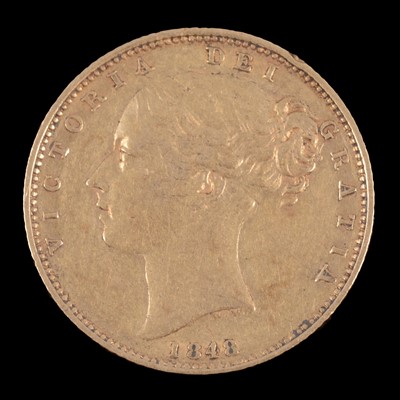 Lot 134 - A Gold Full Sovereign Coin, Victoria Young Head Shield Back 1848.