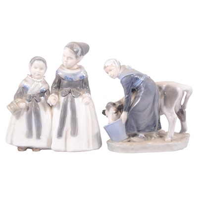 Lot 86 - Royal Copenhagen figure of a girl feeding a calf, and another Amager girls