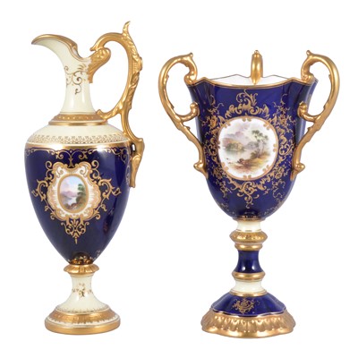 Lot 14 - Coalport porcelain ewer, and a three handles goblet