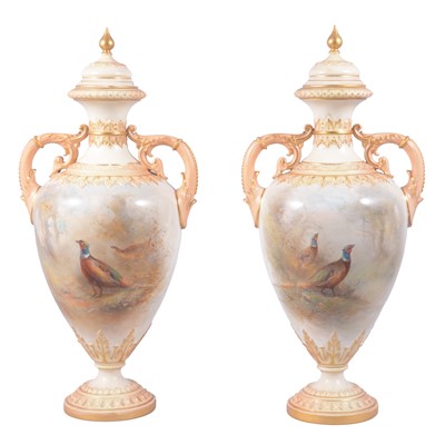 Lot 43 - Pair of Royal Worcester covered vases, painted by James Stinton
