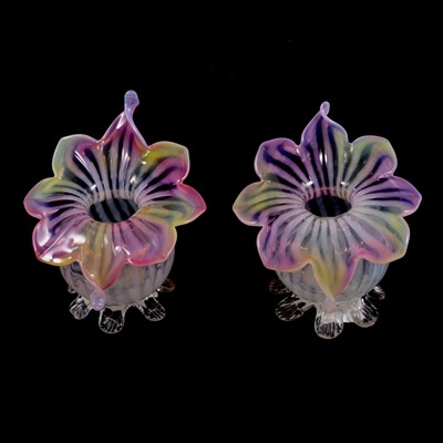 Lot 34 - Pair of tinted vaseline glass Jack in the Pulpit vases