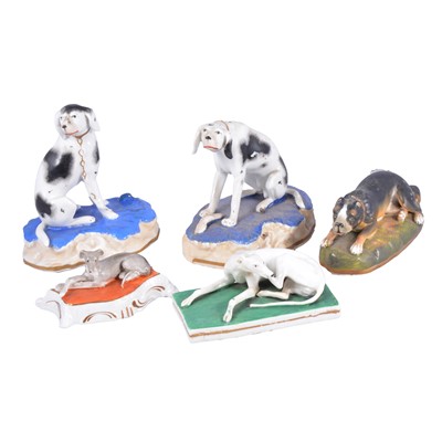 Lot 16 - Staffordshire porcelain model of a recumbent greyhound, etc.