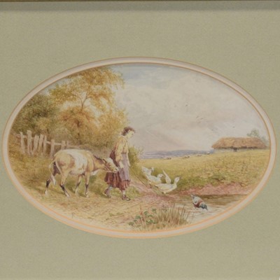 Lot 255 - Follower of Myles Birket Foster, Farm girl with a calf and figures outside a cottage