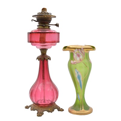 Lot 40 - Victorian ruby glass and gilt metal oil lamp, and a green glass vase