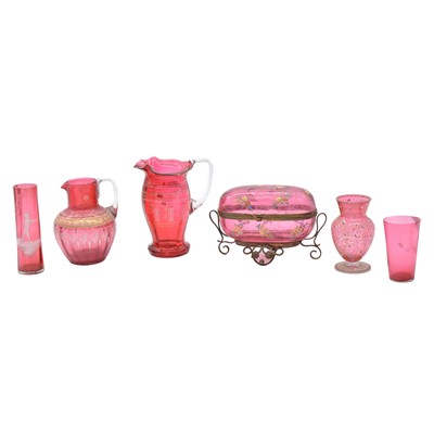 Lot 61 - Victorian ruby glass and brass mounted oval biscuit box, and cranberry glass