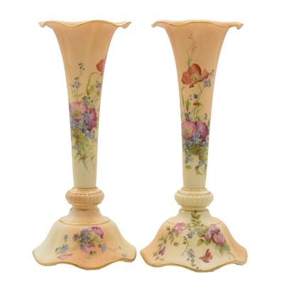 Lot 3 - Pair of Royal Worcester blush ground trumpet-shape vases