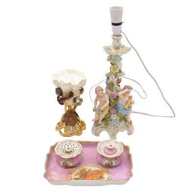 Lot 37 - German porcelain Rose Pompadore encrier, candelabra base and a posy vase