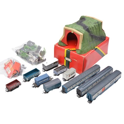 Lot 410 - Ten Hornby OO gauge freight wagons and passenger coaches, with trackside items