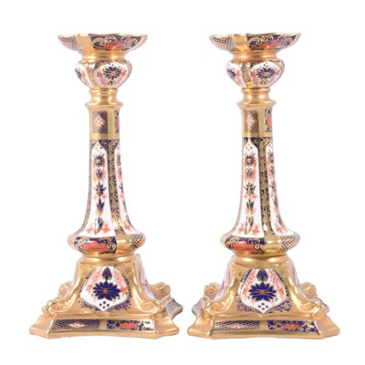 Lot 37 - Pair of Royal Crown Derby Old Imari candlesticks, 1128