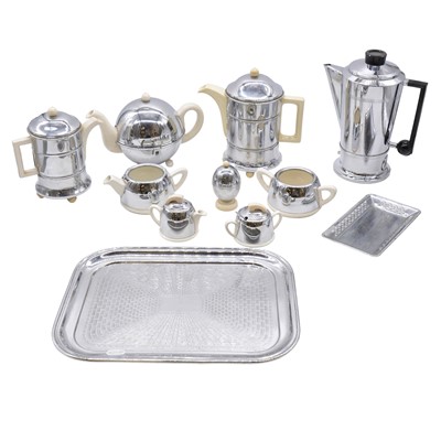 Lot 160 - A 1930s Everhot chromed and ceramic tea and coffee set, and other metalwares.