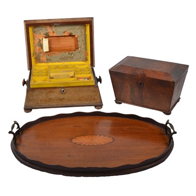 Lot 147 - Edwardian tray; tea caddy; and a work box