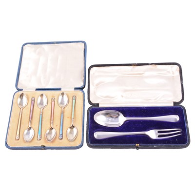 Lot 216 - Set of six silver gilt and Harlequin enamel coffee spoons, Turner & Simpson Ltd, Birmingham 1929.