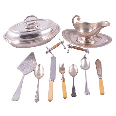 Lot 161 - Silver-plated entree dish, gravy boat and cutlery.