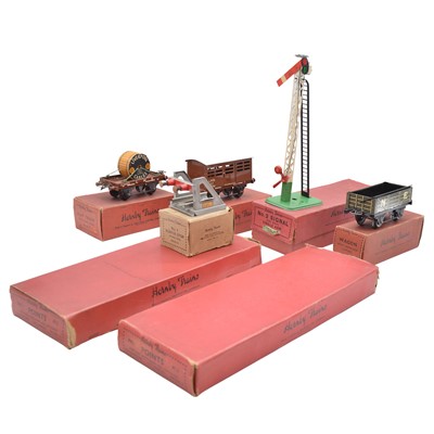 Lot 384 - Seven Hornby O gauge wagons, junctions and signals, boxed