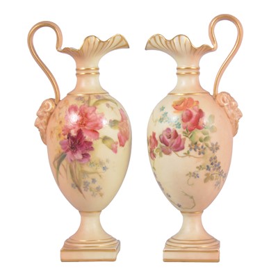 Lot 18 - Pair of Royal Worcester blush-ground ewers