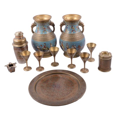 Lot 141 - Indian brass cocktail set and a pair of enamelled vases