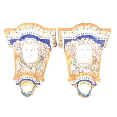 Lot 120 - Pair of Italian majolica pottery wall brackets