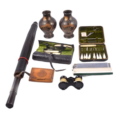Lot 125 - A parasol, Blessing harmonica, pair of Gerbing & Stephen vases, two manicure sets, opera glasses.