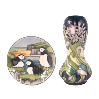 Lot 105A - Emma Bossons for Moorcroft, 'Isis' pattern vase, and a 'Puffins' coaster