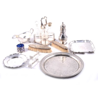 Lot 230 - White metal card tray, silver mounted brushes, quantity of silver plated wares.