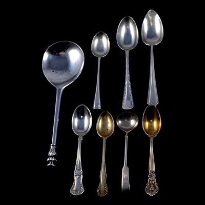 Lot 227 - Replica silver seal top spoon, quantity of silver tea and coffee spoons