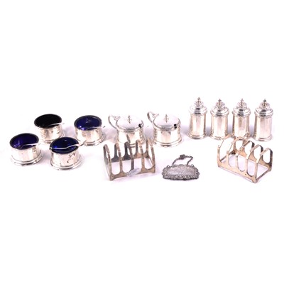 Lot 228 - Pair of silver toast racks, silver double cruet, silver decanter label