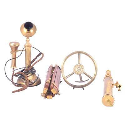 Lot 167 - A brass telescope converted to a stick telephone, brass strut fireside plate warmer.
