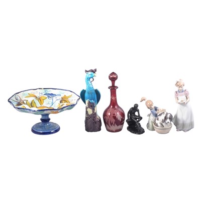 Lot 82 - Cantagalli fruit stand, Lladro and Nao figures, Ruby glass liqueur bottle, two vast figures.