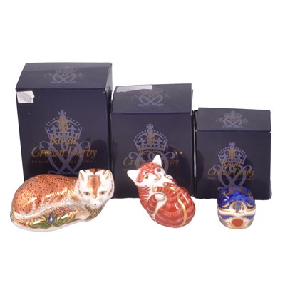 Lot 11 - Three Royal Crown Derby paperweights - Leicestershire Fox, Millennium Bug, and Playful Kitten