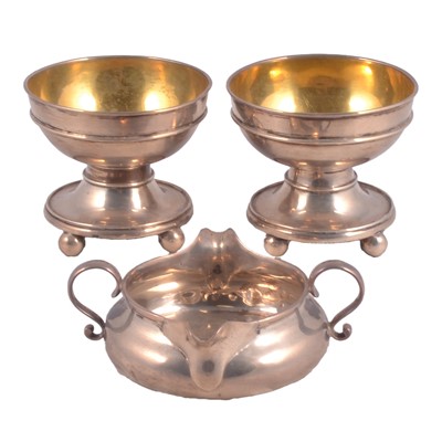 Lot 323 - Pair of silver pedestal salts and a double lipped jug