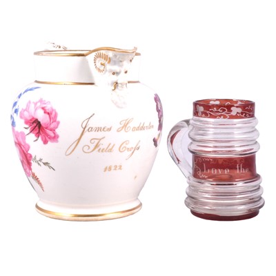 Lot 98 - Staffordshire named jug, and a Bohemian overlaid glass mug