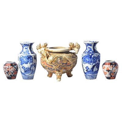 Lot 36 - Japanese Satsuma pottery koro and two pairs of Japanese vases