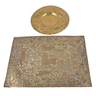 Lot 166A - Indian brass plaque and another Arts and Crafts brass dish decorated with ravens.