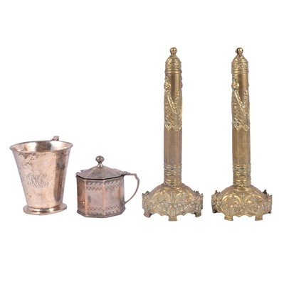 Lot 320 - Silver mug; silver mustard pot and pair of brass gothic table screen stands