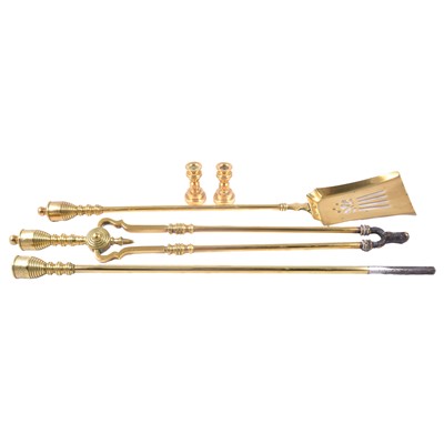 Lot 169 - 19th century brass and iron fireside set, and a pair of cast brass dwarf candlesticks