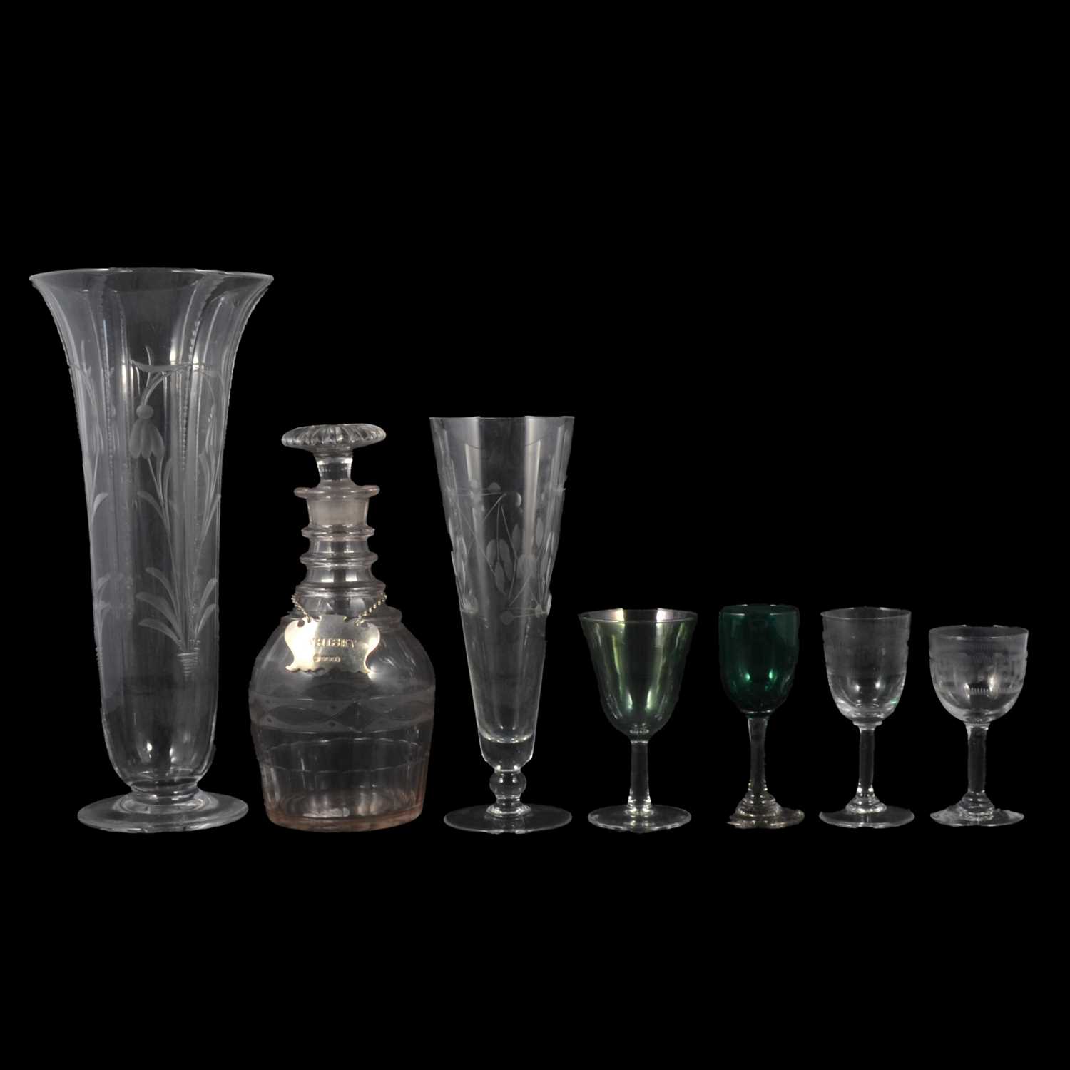 Lot 45 - Assorted glassware including sherry glasses and decanters.