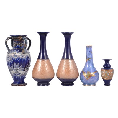Lot 31 - Four Doulton Lambeth stoneware vases, and a Wedgwood lustre vase