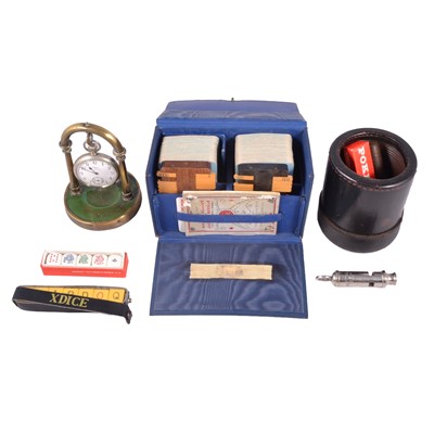 Lot 186 - Bezique game, leather dice cup, Waltham pocket watch on stand, etc