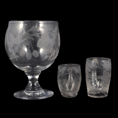 Lot 121 - Caithness wheel-engraved glass vase, signed Denis F Mann / Large Victorian engraved goblet/ pedestal bowl, and two engraved glass cups