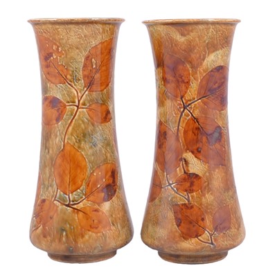 Lot 7 - Pair of large Doulton Lambeth stoneware vases, Autumn Foliage Ware