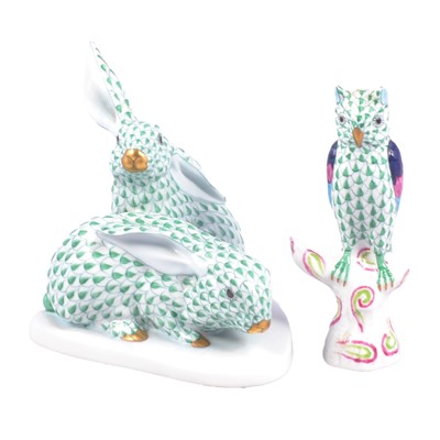 Lot 1 - Two Herend Porcelain figures: a group of two Rabbits and an Owl