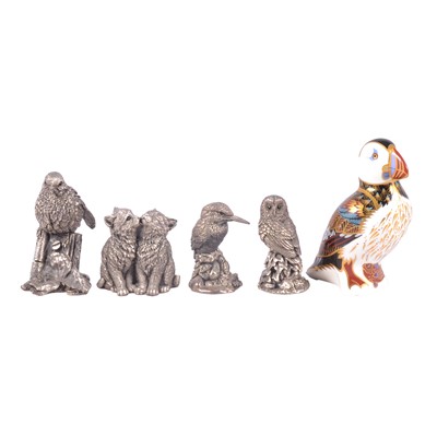 Lot 52 - Royal Crown Derby Puffin paperweight; and Country Artists silver-filled animal sculptures.