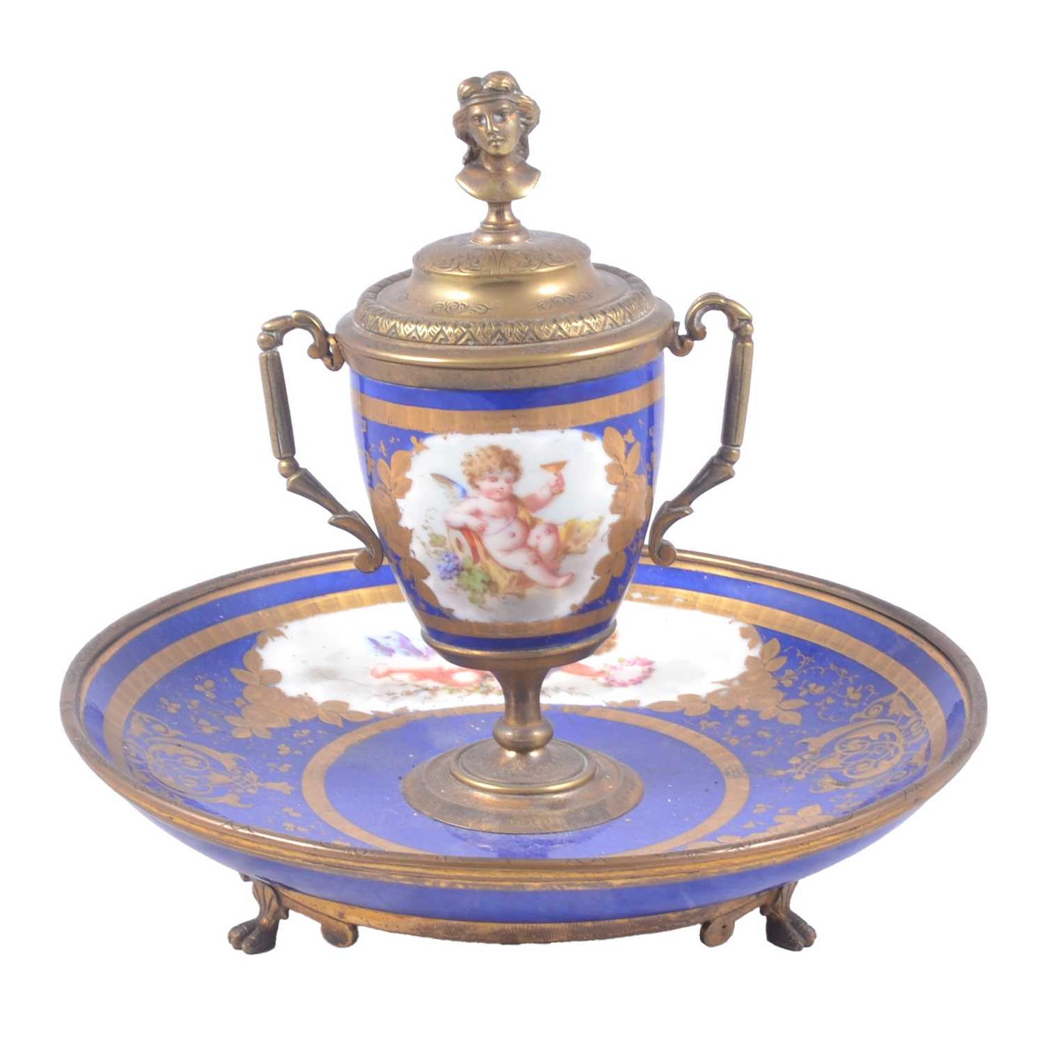 Lot 2 - Dresden style porcelain and gilt metal encrier/ inkwell