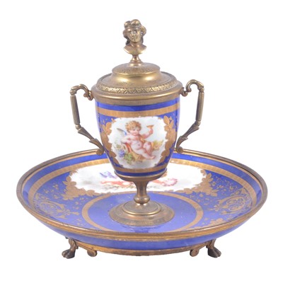 Lot 2 - Dresden style porcelain and gilt metal encrier/ inkwell