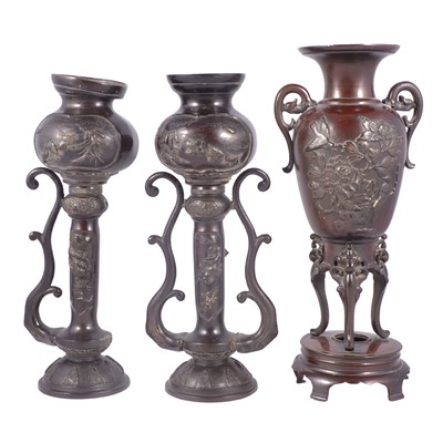 Lot 149 - Japanese bronze censer vase, and a pair of vases
