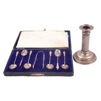 Lot 333 - Set of six silver Apostle spoons and tongs, and a silver candlestick